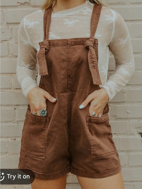aerie Pants - Aerie Brown Linen Blend Women's Short Overalls Romper Knotted Straps Size L